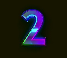 Colorful dichroic film alphabet - number 2 isolated on grey, 3D illustration of symbols