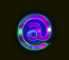 Colorful dichroic film alphabet - at sign isolated on grey, 3D illustration of symbols