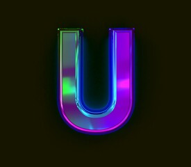 Colorful dichroic film font - letter U isolated on grey, 3D illustration of symbols