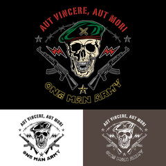 Emblem with a skull in beret and the weapon. Color and monochrome options, vector illustration.