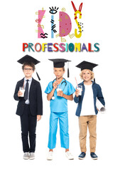 children in graduation caps dressed in costumes of different professions holding glasses with milk near kids professionals lettering on white