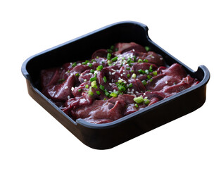 fresh raw offal sliced on square plate isolated on white background, shabu, hot pot ingredients