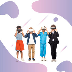 multicultural children dressed in costumes of different professions touching virtual reality headsets near purple illustration on white