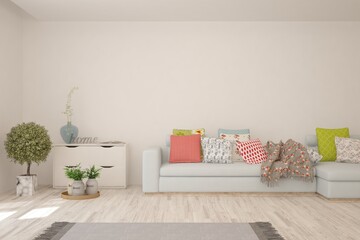 White living room with sofa. Scandinavian interior design. 3D illustration