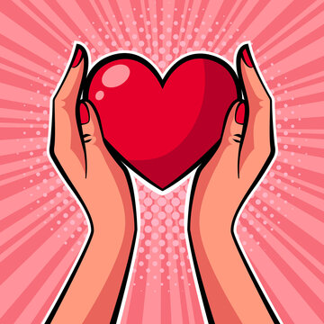 Hands holding heart. Pop art vector illustration.