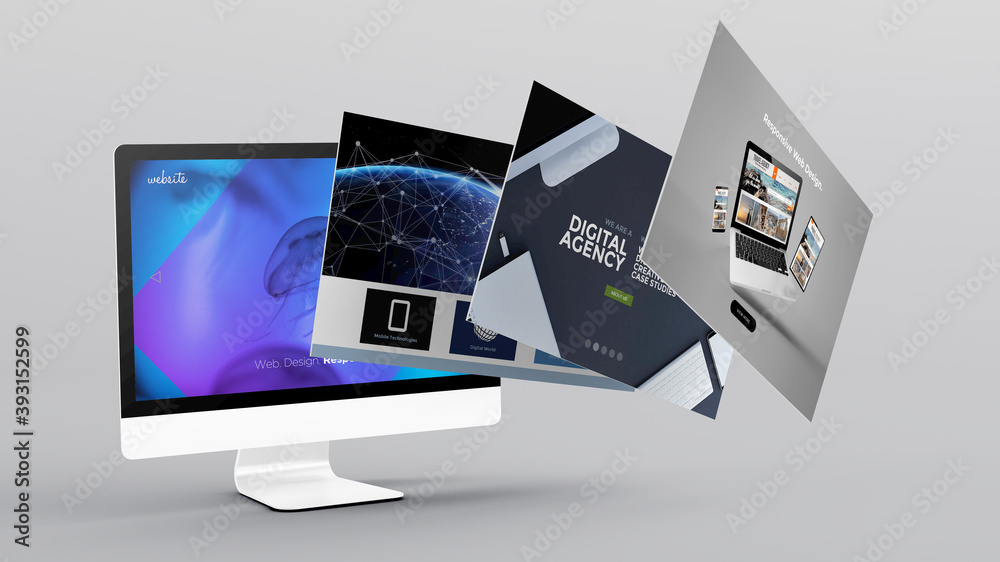 Wall mural floating screens mock up 3d rendering
