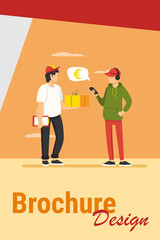 Young man using smartphone app for paying for delivery order. Courier giving parcel to customer flat vector illustration. Mobile payment, service concept for banner, website design or landing web page