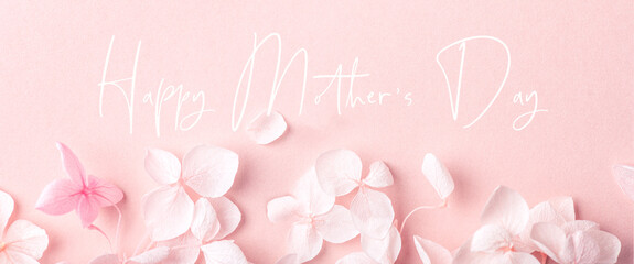 Happy Mothers Day text. Dried Real Flowers, Decorative Real Flowers as biodegradable confetti or decoration, New Trendy and Eco friendly Decor, flat lay, girly postcard, banner size