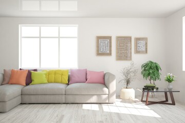 White living room with sofa. Scandinavian interior design. 3D illustration