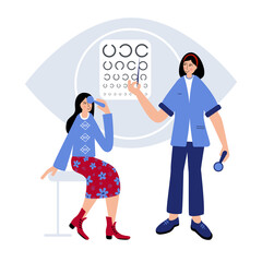 Ophtalmologist checks up woman's eyesight. Doctor helps woman to fix her eyesight.