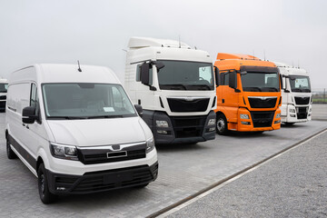 Trucks parked, cargo transportation in Europe Logistic and Transport concept Transportation of goods