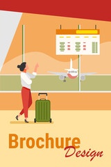 Woman consulting departure digital board in airport. Tourist with suitcase waiting boarding flat vector illustration. Travel, vacation concept for banner, website design or landing web page