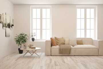 White living room with sofa. Scandinavian interior design. 3D illustration