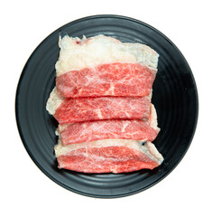 fresh raw pork meat beef sliced on square plate isolated on white background, shabu, hot pot ingredients