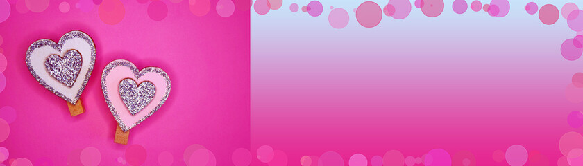 Banner. Two clothespins hearts on a pink gradient background with bokeh effect. love concept. Valentine's Day. copy the place for the inscription.
