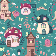 Seamless surface repeat vector pattern with colorful mushroom houses, flowers, snails and butterflies in a forest on a blue background