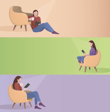 Woman reading book in chair flat style vector collection  