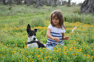 Beautiful Terrier in a meadow with her friend, a 5 year old girl
