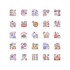 Obraz premium Food delivery RGB color icons set. Courier service. Online ordering for takeout. Limiting exposure to coronavirus. Salads, pizza, drinks. Fast-food options. Isolated vector illustrations