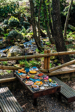 High angle of old wooden table with assorted dishes served for cozy picnic in forest in Valle del Jerte