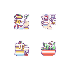 Delivering groceries, pre-prep, pre-made meals RGB color icons set. Choosing cuisine. Food delivery app. Well-balanced morning dishes. Plant-based meals. Menu online. Isolated vector illustrations