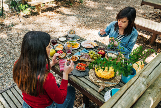 From above of friendly women sitting at table in woods and enjoying delicious food during picnic in Valle del Jerte while talking and looking at each other
