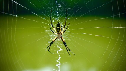 Close-up of black and yellow Orb-weaver spider in middle of web