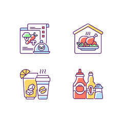 Online restaurant delivery RGB color icons set. Vegan menu. Home-cooked meals. Drinks and beverages. Condiments and sauces. Plant-based food. Hand-prepared dishes. Isolated vector illustrations