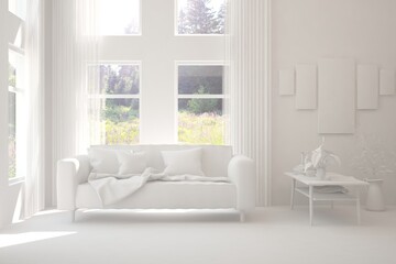 White living room with sofa and summer landscape in window. Scandinavian interior design. 3D illustration