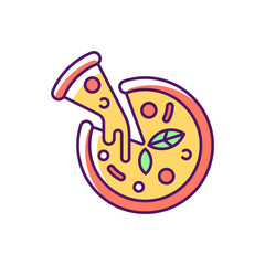 Pizza RGB color icon. Prepared food. Italian origin dish. Junk foods. Dough, tomato sauce and mozzarella toppings. Tasty cheese pie. Restaurants specializing in pizza. Isolated vector illustration