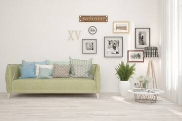 White living room with sofa. Scandinavian interior design. 3D illustration