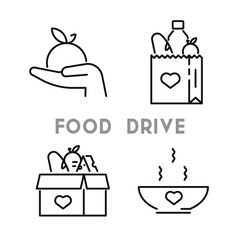 Food donation icon set. Hand holding plate with soup for donations. Vector black icons food box, bag with bread, water, cheese for poor people, food drive. Vector outline icon with editable stroke