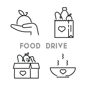 Food Donation Icon Set. Hand Holding Plate With Soup For Donations. Vector Black Icons Food Box, Bag With Bread, Water, Cheese For Poor People, Food Drive. Vector Outline Icon With Editable Stroke