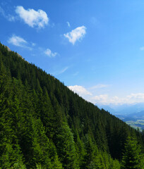 Mountains  and blue sky. Minimalist background with empty copy space. Nature backdrop. Beautiful natural flyer, card design. Nature Template for presentation or product. 