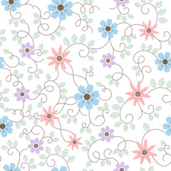 Fototapeta na wymiar Seamless surface repeat vector pattern with little blue, purple and peach flowers and green leaf vines on a white background