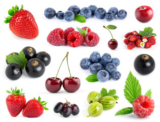 Fruits. Collection of berries on white background. Strawberry, blueberry, grape, black currant, gooseberry, cherry and raspberry.