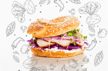 fresh bagel with meat, red onion, cream cheese, sprouts near vegetables illustration on white