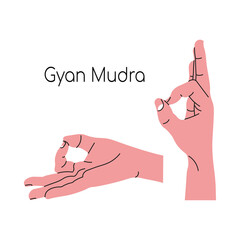 Gyan mudra or Dhyana mudra or Vayu-vardhak mudra or Jnana mudra or chin mudra. Yoga hand gesture. Meditation. Vector illustration in flat minimalism design. Isolated on a white background.