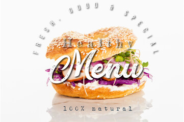 tasty bagel near fresh, good and special lettering on white background