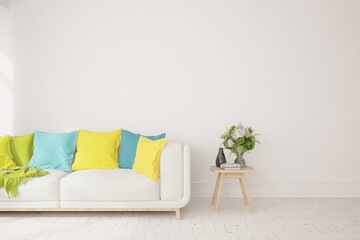 White living room with sofa. Scandinavian interior design. 3D illustration