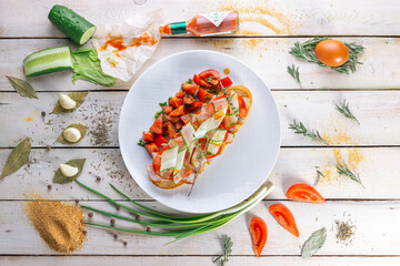 Beautiful juicy healthy food from the chef for an expensive restaurant delicious dishes for guests with a beautiful presentation, fish delicacies, delicious meat with asparagus food photo