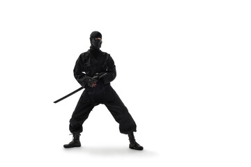 japanese ninja in black uniform on white background - 393160993