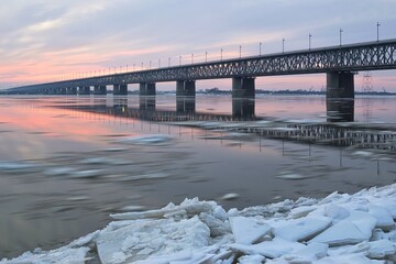 Ice drift on the Amur river. Amur bridge area. Trans siberian railway. Khabarovsk, far East, Russia