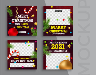 Merry Christmas and New Year banner editable template. Set of social media mobile app for shopping, sale, product promotion. 