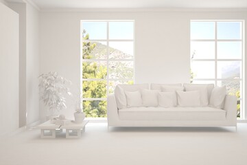 Mock up of stylish room in white color with sofa and green landscape in window. Scandinavian interior design. 3D illustration