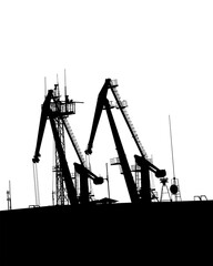 Large cranes in the seaport. Isolated silhouettes on white background