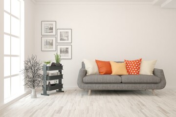 White living room with sofa. Scandinavian interior design. 3D illustration