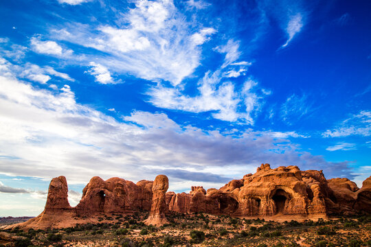 Scenic view of spire shaped hoodoos in Arches National Park