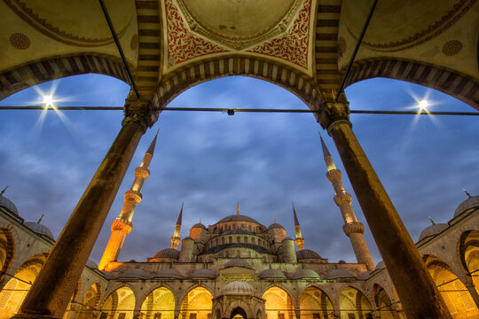 Low angle view of Blue Mosque against sky during sunset