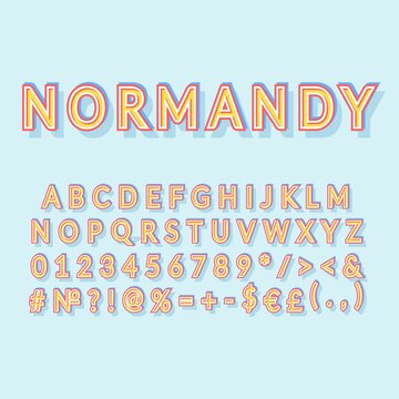 Normandy vintage 3d vector alphabet set. Retro bold font, typeface. Pop art stylized lettering. Old school style letters, numbers, symbols pack. 90s, 80s creative typeset design template